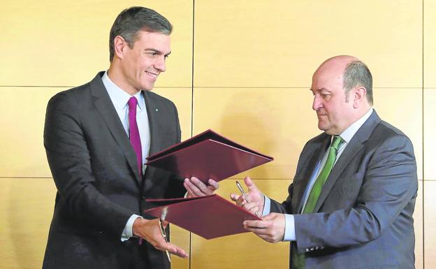Pedro Sánchez y Andoni Ortuzar, durante la firma del acuerdo que suscribieron a finales de 2019./reuters
