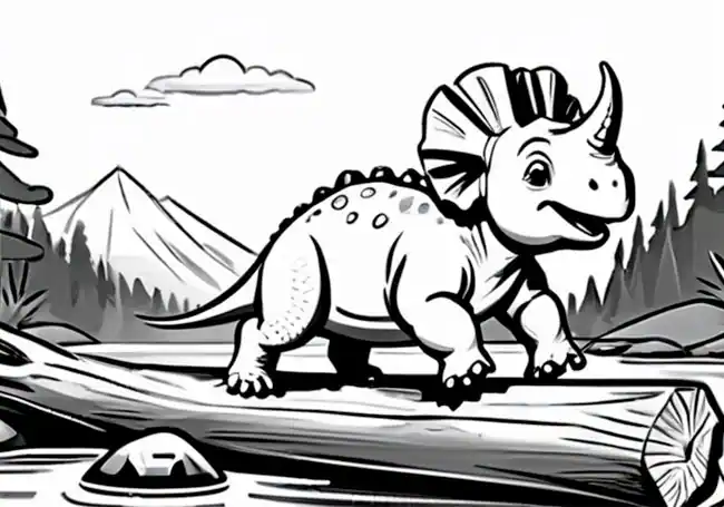 Hemos hecho la misma petición: «adorable bebé triceratops cruzando el río sobre un tronco». Pero le hemos añadido: «en blanco y negro, sin sombreados y para colorear». Stability ha interpretado la anterior imagen y nos la ha convertido en esta otra.